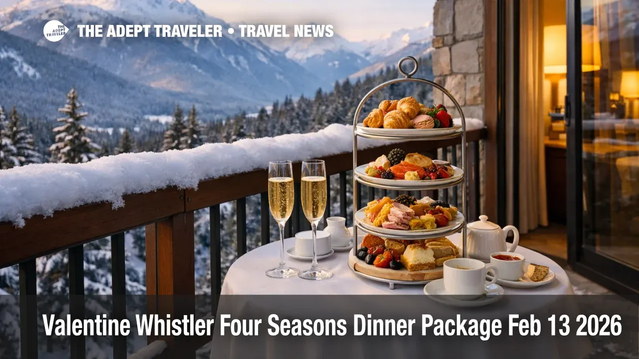 Whistler Four Seasons Valentine package balcony breakfast tower with snowy peaks, set after the Feb 13, 2026 dinner