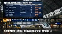Amsterdam Centraal rail delays shown by quiet platforms and delayed boards, signaling Eurostar knock ons for travelers