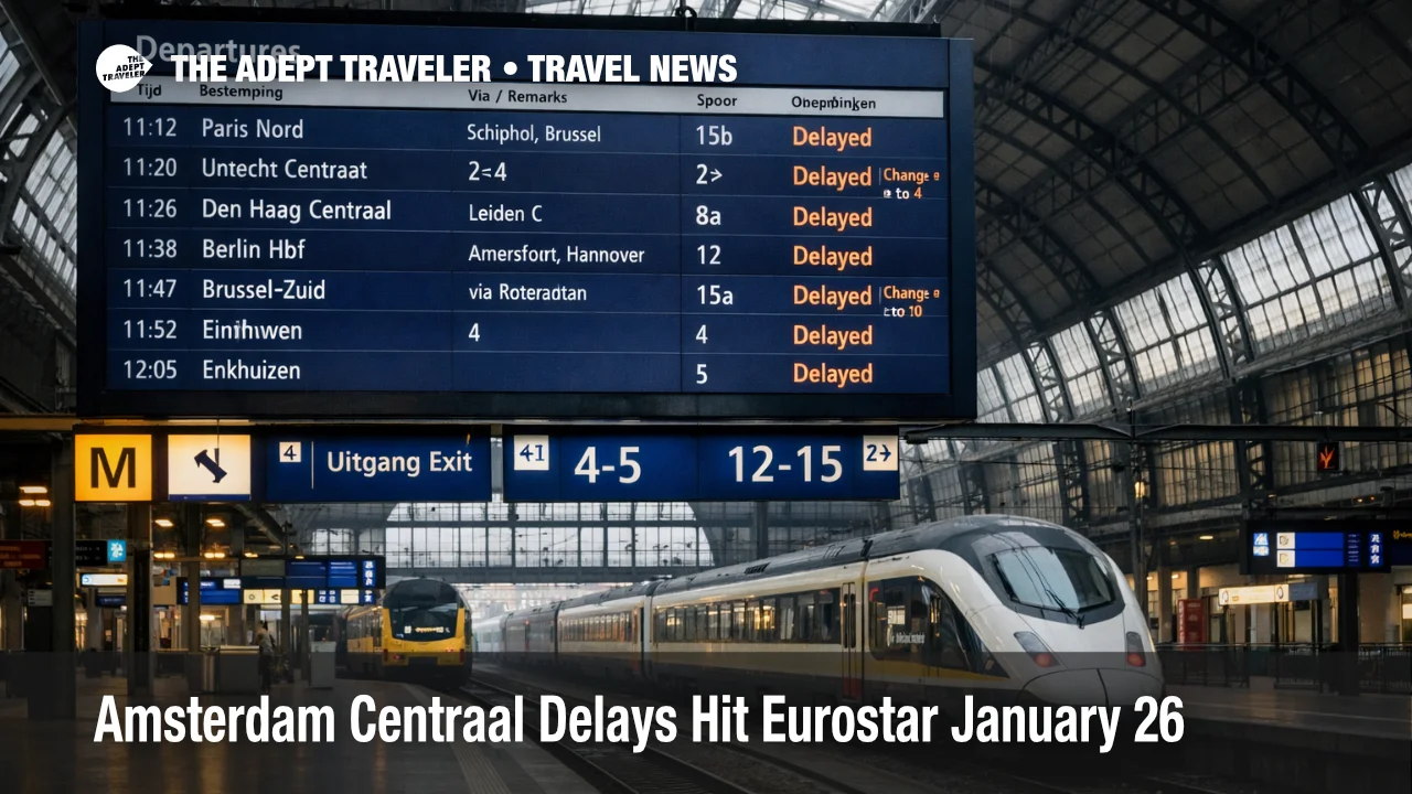 Amsterdam Centraal rail delays shown by quiet platforms and delayed boards, signaling Eurostar knock ons for travelers