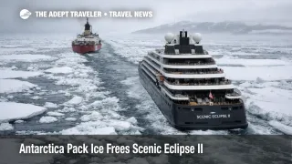 Scenic Eclipse II Pack Ice channel in Antarctica as Polar Star escorts the cruise ship toward open water