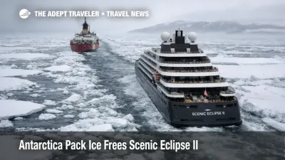 Scenic Eclipse II Pack Ice channel in Antarctica as Polar Star escorts the cruise ship toward open water