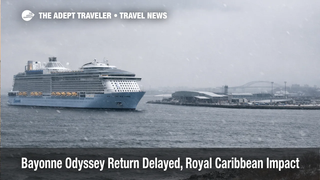 Odyssey Bayonne return delay leaves the ship offshore near Cape Liberty as winter weather disrupts disembarkation plans