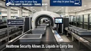 Heathrow security liquids rule sign at a CT scanner lane shows 2 litre carry on liquids can stay packed