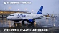 JetBlue Vacations BOGO airfare deal shows JetBlue jet at JFK as travelers plan winter getaway packages