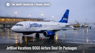 JetBlue Vacations BOGO airfare deal shows JetBlue jet at JFK as travelers plan winter getaway packages