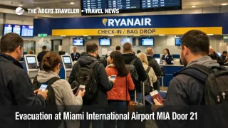 Miami airport evacuation Door 21 disruption shown as an empty MIA departures curbside with reopened checkpoint signage