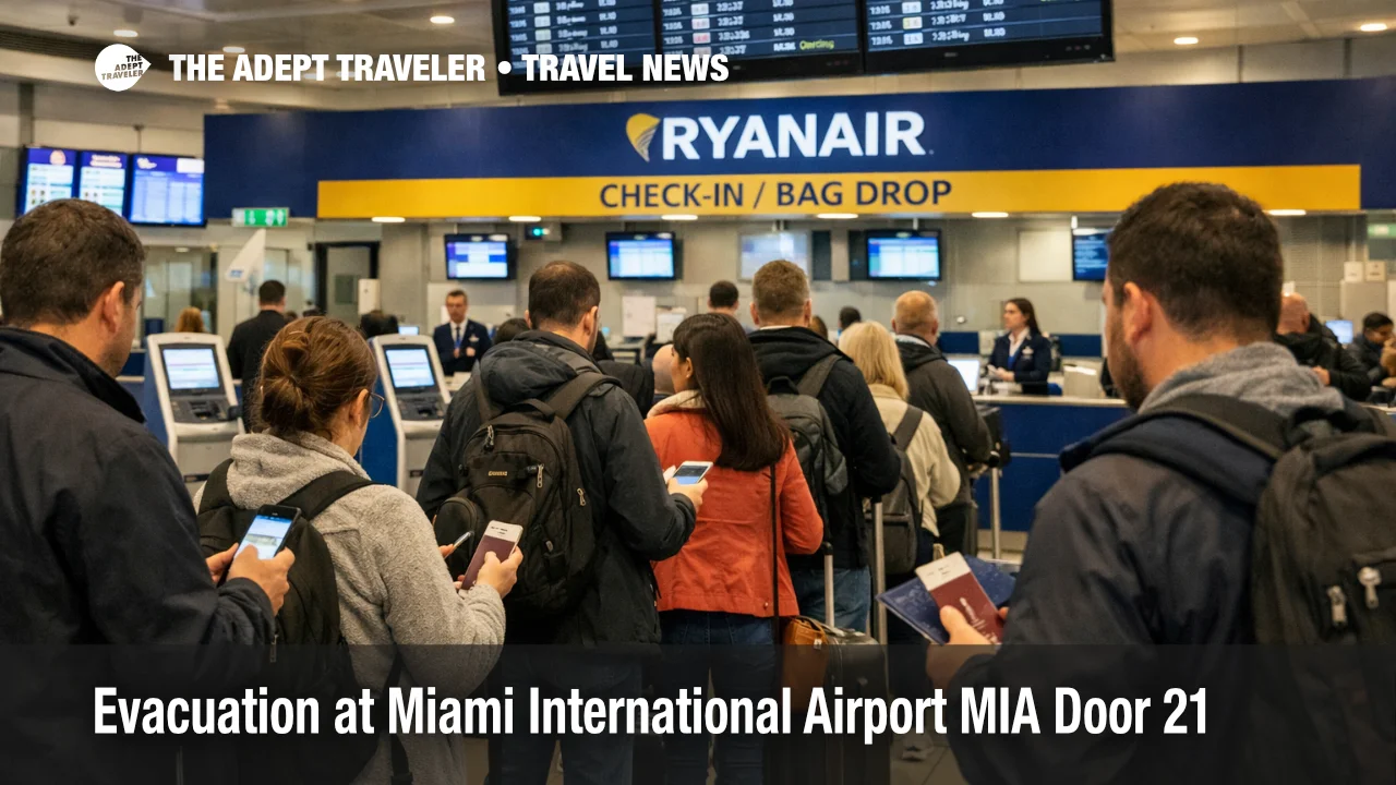 Miami airport evacuation Door 21 disruption shown as an empty MIA departures curbside with reopened checkpoint signage