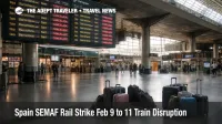Spain rail strike Feb 9, travelers face cancellations at Madrid Atocha, with departure boards showing reduced service and delays