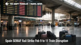 Spain rail strike Feb 9, travelers face cancellations at Madrid Atocha, with departure boards showing reduced service and delays