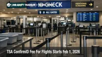 TSA ConfirmID fee flights, quiet U.S. security checkpoint scene showing ID check lanes that can add screening delays
