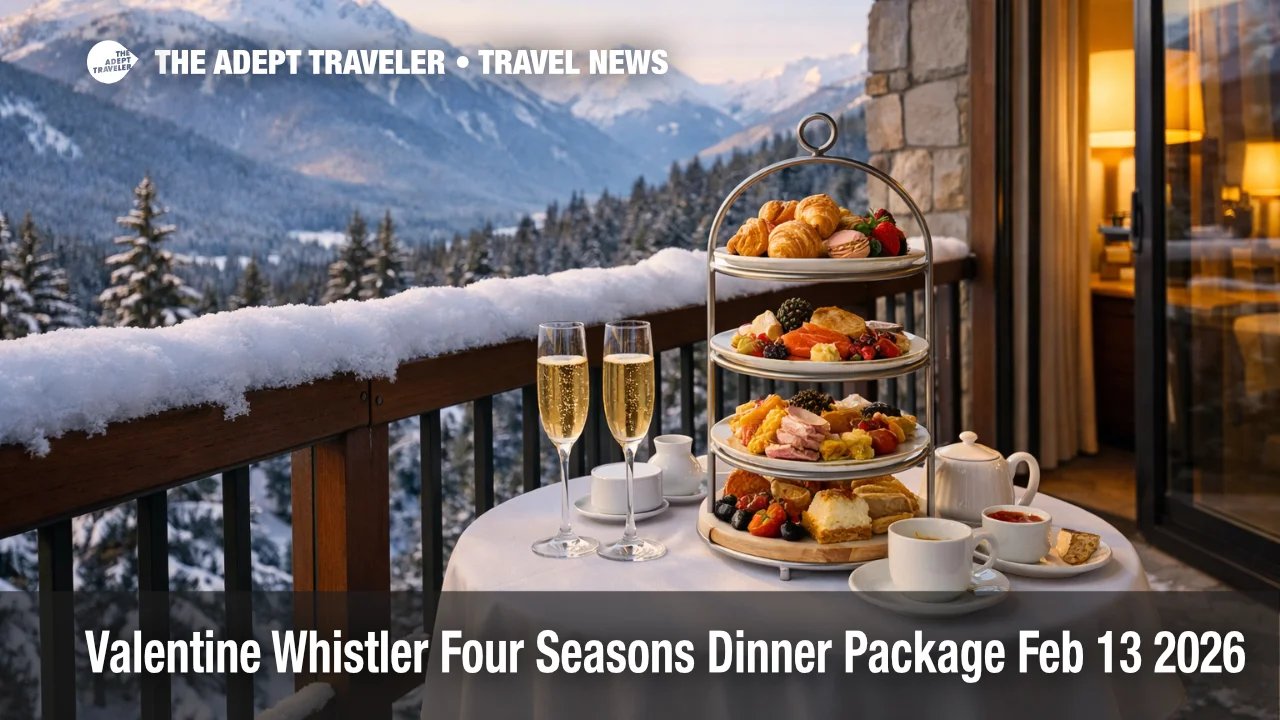 Whistler Four Seasons Valentine package balcony breakfast tower with snowy peaks, set after the Feb 13, 2026 dinner