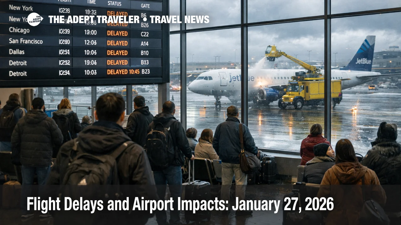 U.S. flight delays January 27 shown on a Boston Logan departures board as travelers wait while deicing continues