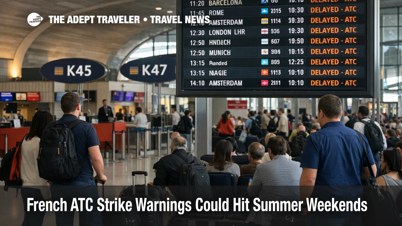 French ATC strike risk shown on a Paris departures board as travelers wait during weekend delay warnings