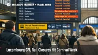 Luxembourg CFL rail closures shown on station board, with bus replacement signs during Carnival week disruptions