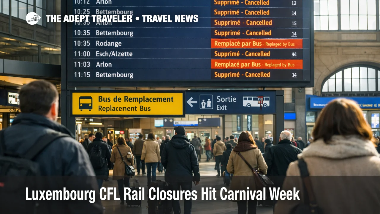 Luxembourg CFL rail closures shown on station board, with bus replacement signs during Carnival week disruptions
