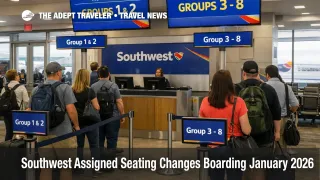Southwest boarding groups 1 to 8 displayed at gate as assigned seating begins January 2026