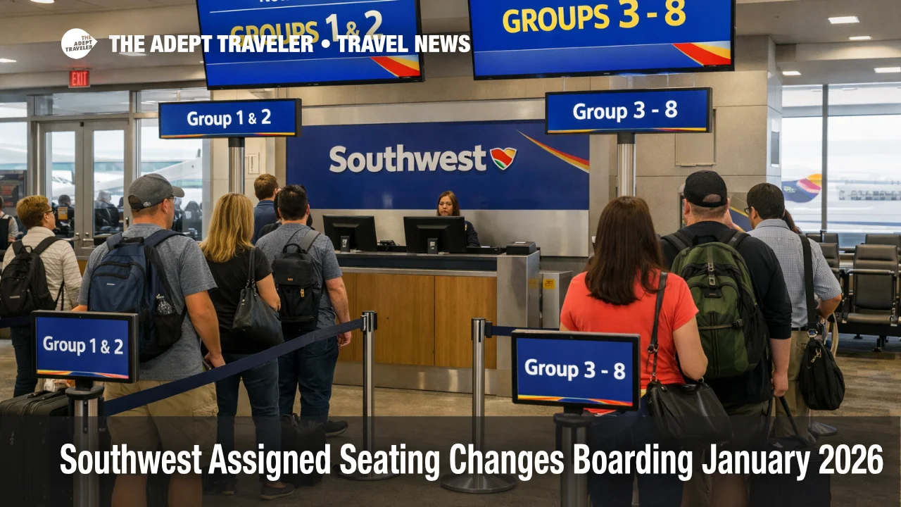 Southwest boarding groups 1 to 8 displayed at gate as assigned seating begins January 2026