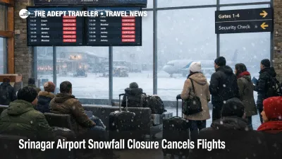 Srinagar airport snowfall closure scene with cancellations on boards and travelers waiting as snow falls outside the terminal