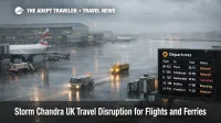 Storm Chandra UK travel disruption seen at wet Heathrow apron with low cloud, and a departures board showing delays