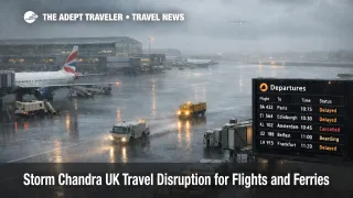 Storm Chandra UK travel disruption seen at wet Heathrow apron with low cloud, and a departures board showing delays