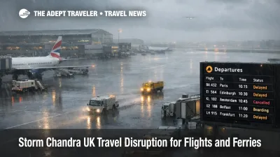 Storm Chandra UK travel disruption seen at wet Heathrow apron with low cloud, and a departures board showing delays