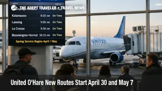 United O'Hare new routes on an ORD departures board beside a United jet at the gate during spring schedule buildup