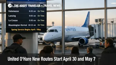 United O'Hare new routes on an ORD departures board beside a United jet at the gate during spring schedule buildup
