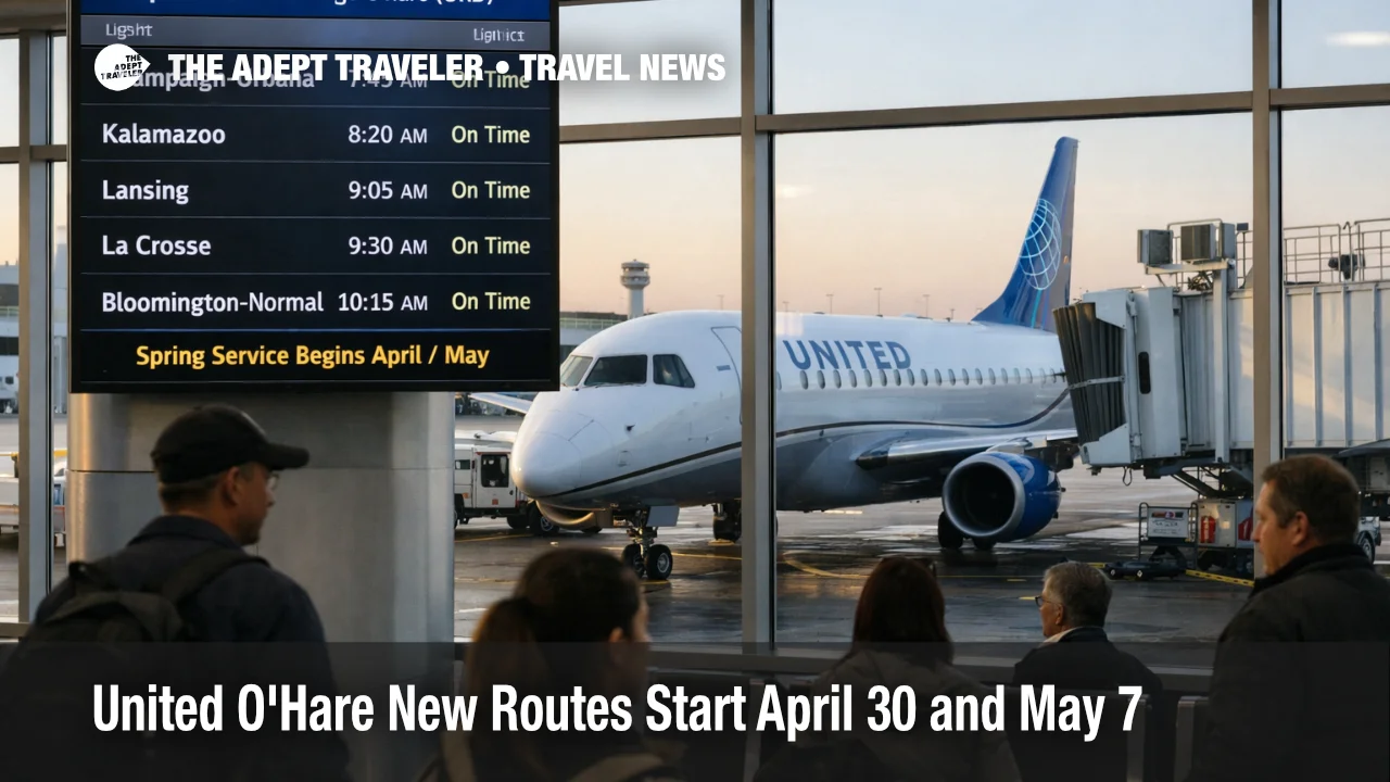 United O'Hare new routes on an ORD departures board beside a United jet at the gate during spring schedule buildup