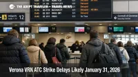 Verona ATC strike delays shown on VRN departures board as travelers queue for midday flights on January 31, 2026