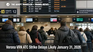 Verona ATC strike delays shown on VRN departures board as travelers queue for midday flights on January 31, 2026