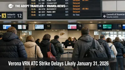 Verona ATC strike delays shown on VRN departures board as travelers queue for midday flights on January 31, 2026