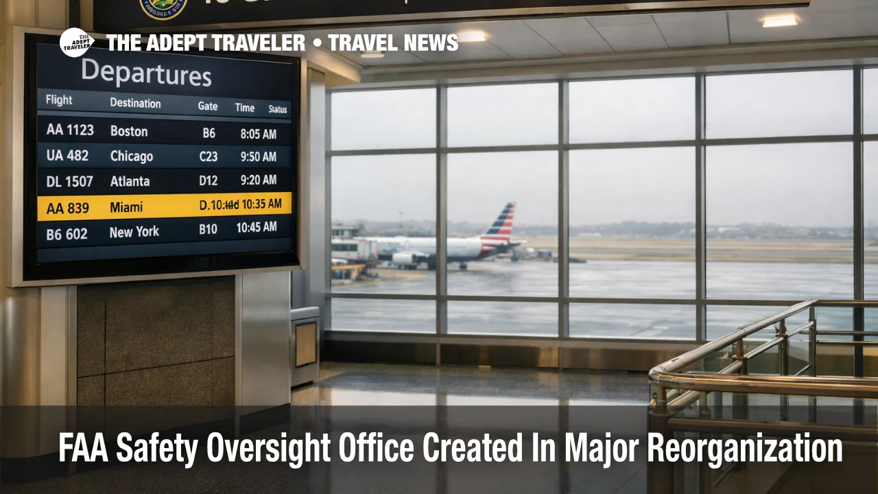 FAA safety oversight office shift at Reagan National shown from concourse as minor delays appear on departures board