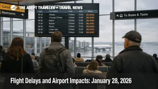 LaGuardia flight delays as travelers wait under a departures board during gusty wind impacts on January 28, 2026