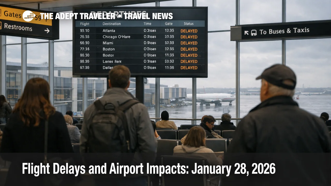 LaGuardia flight delays as travelers wait under a departures board during gusty wind impacts on January 28, 2026