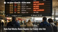 Italo rail works Rome Naples shown on Roma Termini board with retimed trains and cancellation alerts