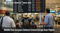 Middle East airspace detours shown on a Dubai departures board, with travelers facing delays and missed connections