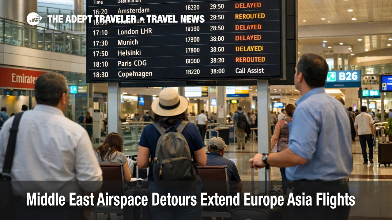 Middle East airspace detours shown on a Dubai departures board, with travelers facing delays and missed connections