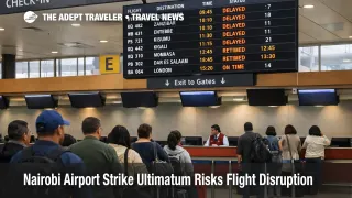Nairobi airport strike ultimatum, travelers watch NBO departures board as check in queues build and flights slip