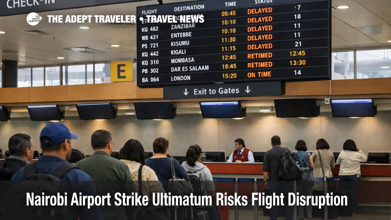 Nairobi airport strike ultimatum, travelers watch NBO departures board as check in queues build and flights slip