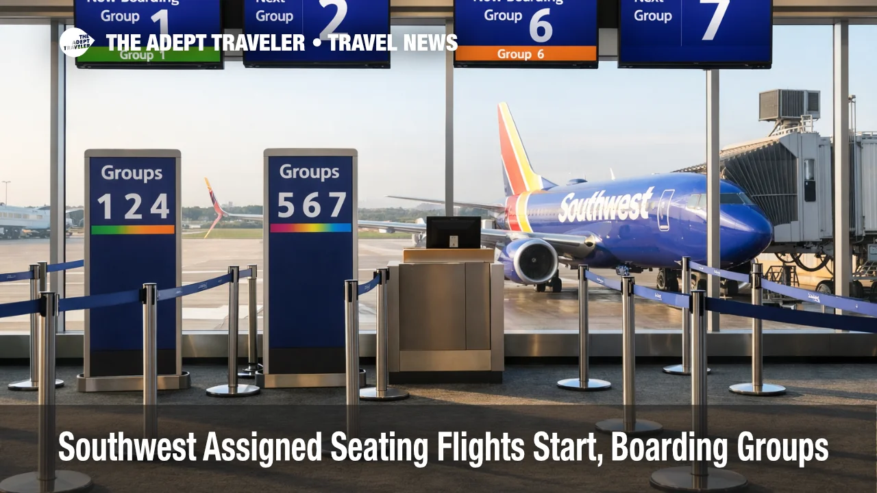 Southwest boarding groups replace open seating, gate screens show Groups 1 to 8 as assigned seats begin on flights