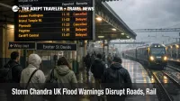 Storm Chandra UK flood warnings linger as travelers face delays on wet platforms and unreliable rail connections
