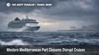 Western Mediterranean port closures force a cruise ship to hold offshore in rough seas, delaying embarkation and flights