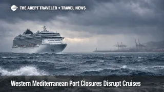 Western Mediterranean port closures force a cruise ship to hold offshore in rough seas, delaying embarkation and flights