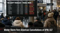 Winter Storm Fern American cancellations shown on DFW departures board as travelers wait during recovery delays