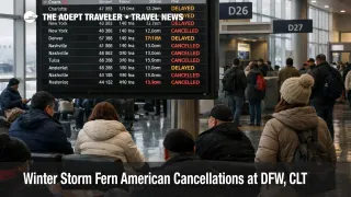 Winter Storm Fern American cancellations shown on DFW departures board as travelers wait during recovery delays