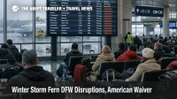 Winter Storm Fern DFW disruptions shown by canceled flights on a departures board as travelers wait in the concourse