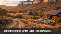 Wolgan Valley Ritz-Carlton Lodge opening preview, cabins and 4WD track under Blue Mountains cliffs at sunset