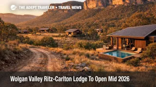 Wolgan Valley Ritz-Carlton Lodge opening preview, cabins and 4WD track under Blue Mountains cliffs at sunset