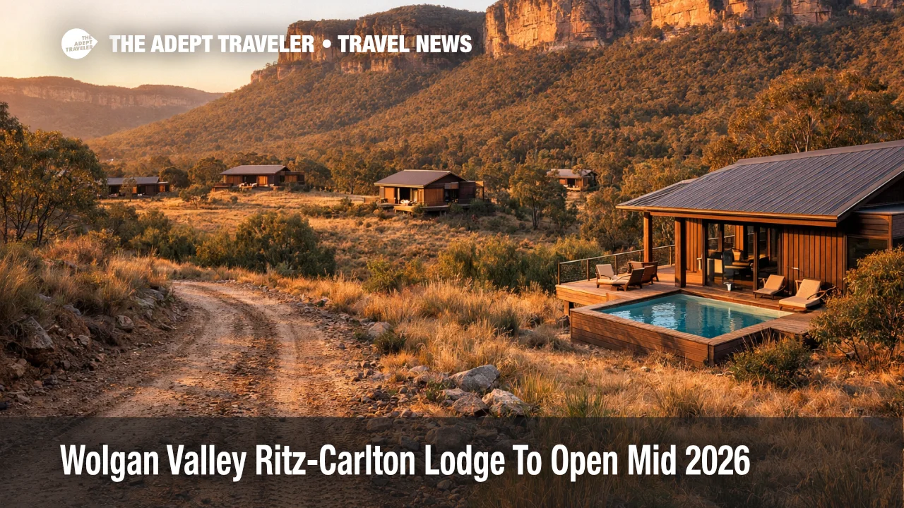 Wolgan Valley Ritz-Carlton Lodge opening preview, cabins and 4WD track under Blue Mountains cliffs at sunset