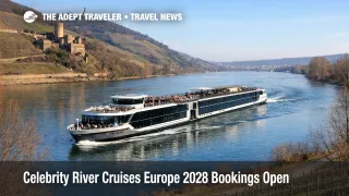 Celebrity River Cruises 2028 Europe bookings, a modern river ship sails the Rhine past castles near Rüdesheim
